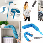 Adjustable dust brush cleaning a ceiling fan effectively.