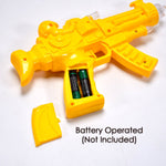 Close-up of the clear gear toy gun, highlighting its musical features and bright lights.