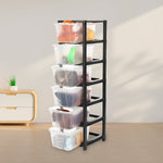 Close-up of modular plastic drawer storage cabinet with transparent drawers