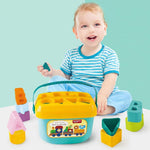 An overhead shot showing different colored geometric shapes of the stacking toy.