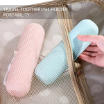 Assorted multicolor Konvex travel toothbrush cases neatly arranged on a white background.
