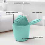 Angled view of the Baby Shampoo Shower Cup, highlighting its curved design for effective water runoff and eye protection.