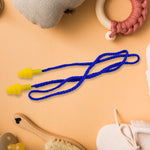 Pair of soft silicone ear plugs with a connecting cord for easy handling.