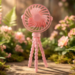 Side view of portable rechargeable LED fan with adjustable flexible tripod legs