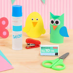Kids crafting and stationery set including safety scissors, stapler, glue, and staples in vibrant colors
