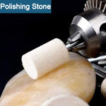 A wool felt buffing wheel in action, polishing a stone surface to a smooth finish.