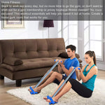 Man using the FitFuzion spring resistance band for arm and chest workouts.