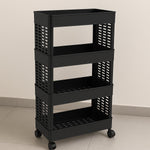 A 4-layer plastic storage rack, ideal for kitchen or bathroom, shown with wheels for easy movement.