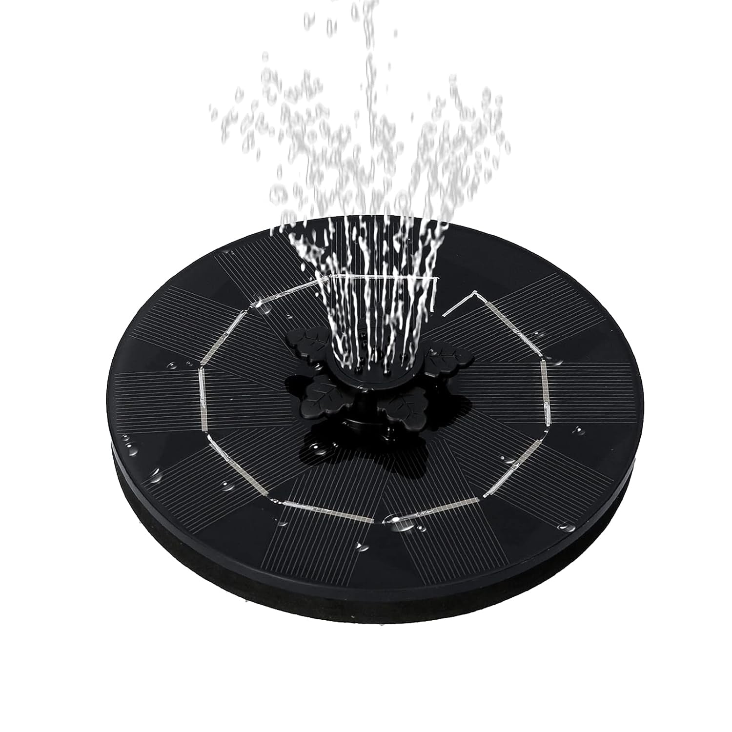 The solar floating water fountain demonstrating a wide, gentle spray pattern in a garden pool.