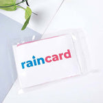 Emergency waterproof raincoat card unfolded to full size showing protection