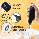 Specifications detail shot of electric handheld milk frother with whisk