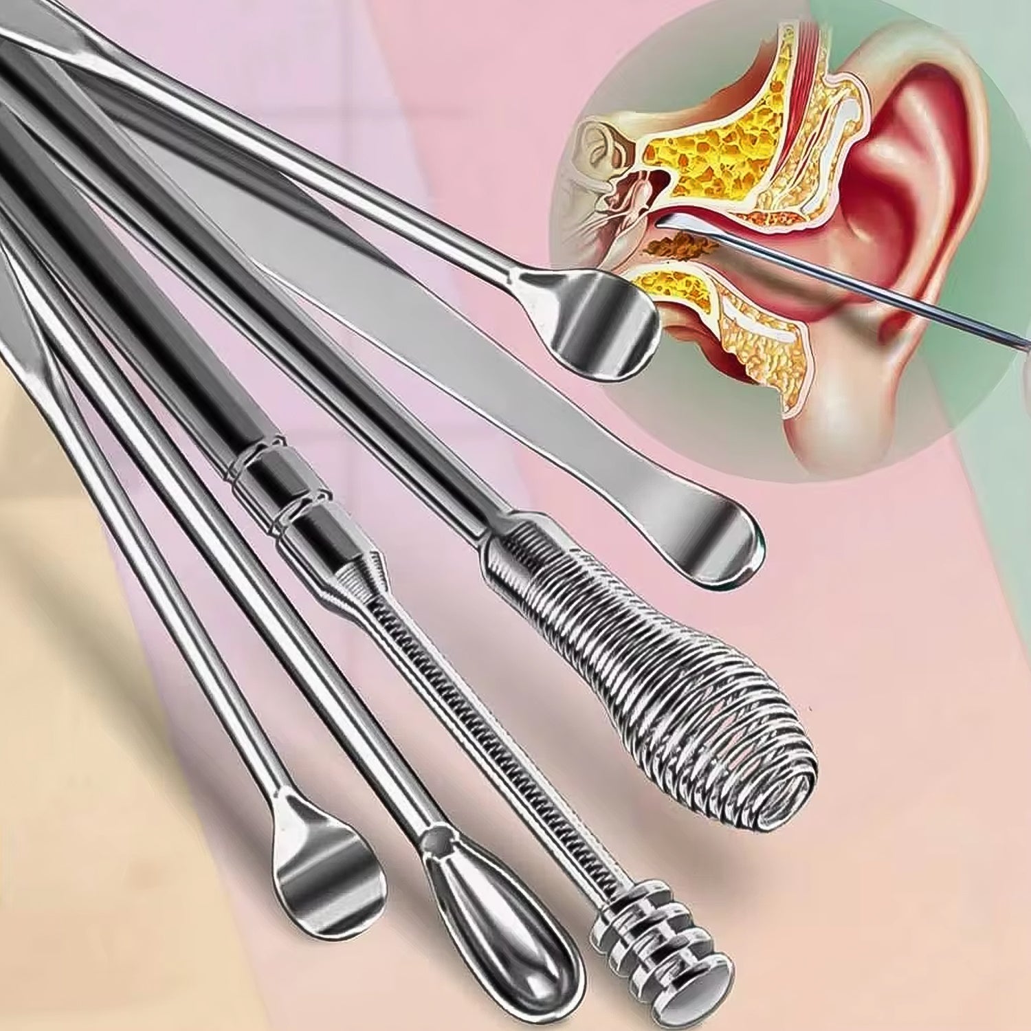 A complete 6-in-1 ear wax cleaner kit with various stainless steel tools and a leather storage pouch.