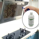 Kitchen degreaser spray effectively cleaning a greasy grill surface.