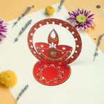 Handcrafted wooden diya stand with stone detailing for Indian festivals