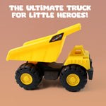 Brightly coloured friction-powered toy dump truck for kids' imaginative play