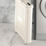 Laundry basket with wheels showcasing size scale and foldable feature