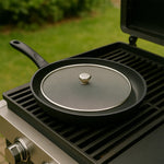 Angled shot of stainless steel mesh lid suitable for pots and pans