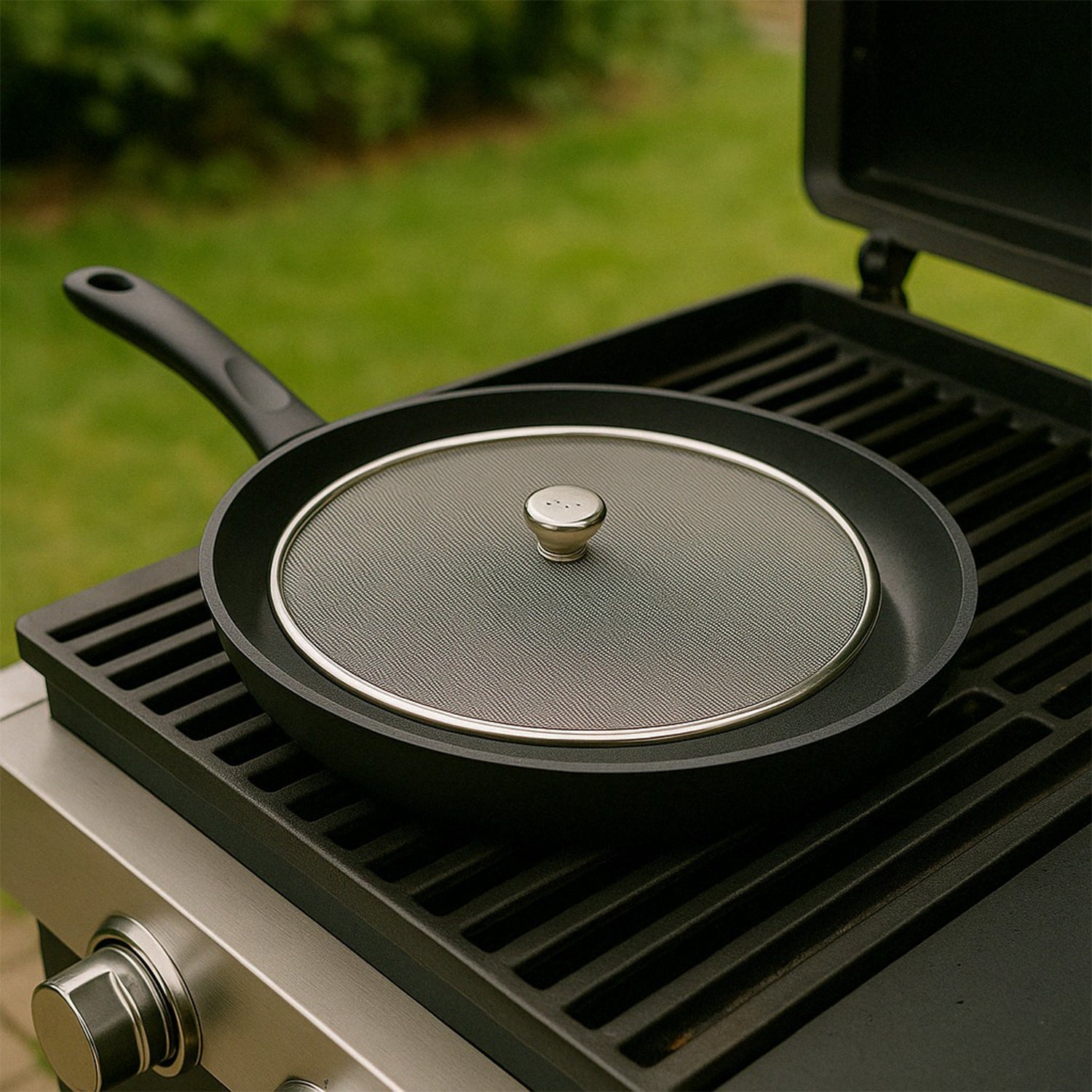 Angled shot of stainless steel mesh lid suitable for pots and pans