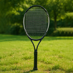 Side view of lightweight tennis racket highlighting the cushioned grip