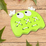 Child's hands actively assembling Stitch Mee Puzzle Toy pieces, fostering problem-solving.