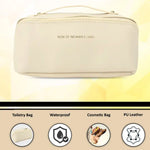 Travel organizer makeup bag with sturdy stitched handle for carrying
