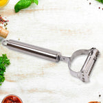 Ergonomic stainless steel peeler handle designed for comfortable grip