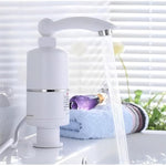 Close-up view of electric water heater faucet head with temperature control