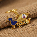 Backside view of Krishna keychain highlighting gold-tone metal craftsmanship