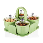 Side view of durable plastic food storage jars with various snacks inside.