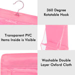 Front view of the transparent hanging bag organizer, displaying six individual compartments.