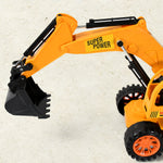 Close-up side view of the JCB excavator toy, emphasizing the realistic details of its tracks and arm.
