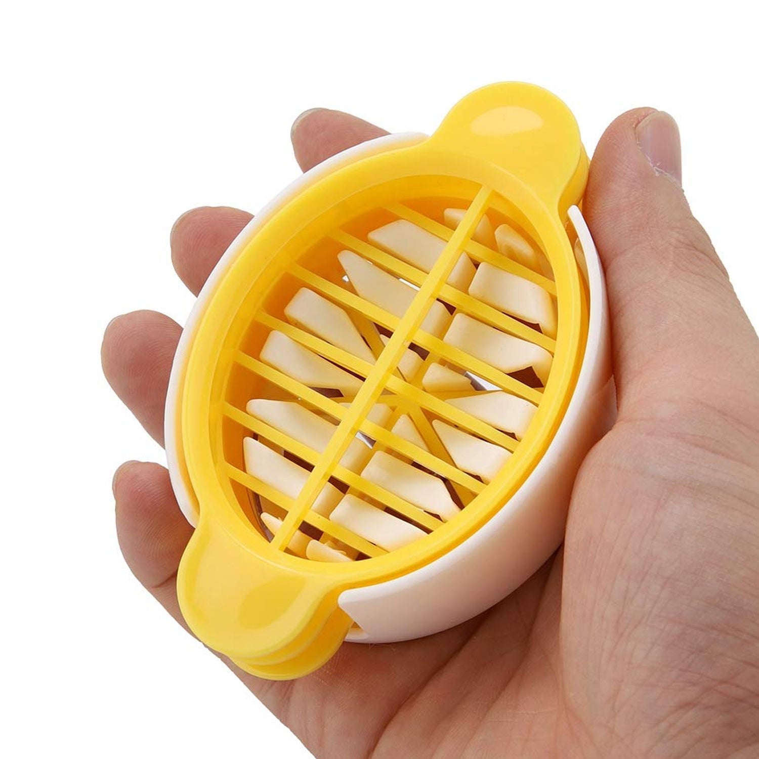 A person demonstrating the easy grip and operation of the Quickslice egg slicer.