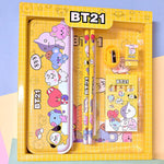 Organized metal pencil box and stationery set for kids with sharpener, pencils, and erasers.