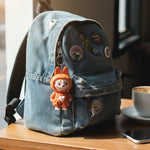 Close-up of face changing cartoon character keychain toy showing different expressions
