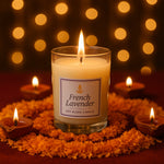 French Lavender soy candle with fresh lavender sprigs for aromatherapy