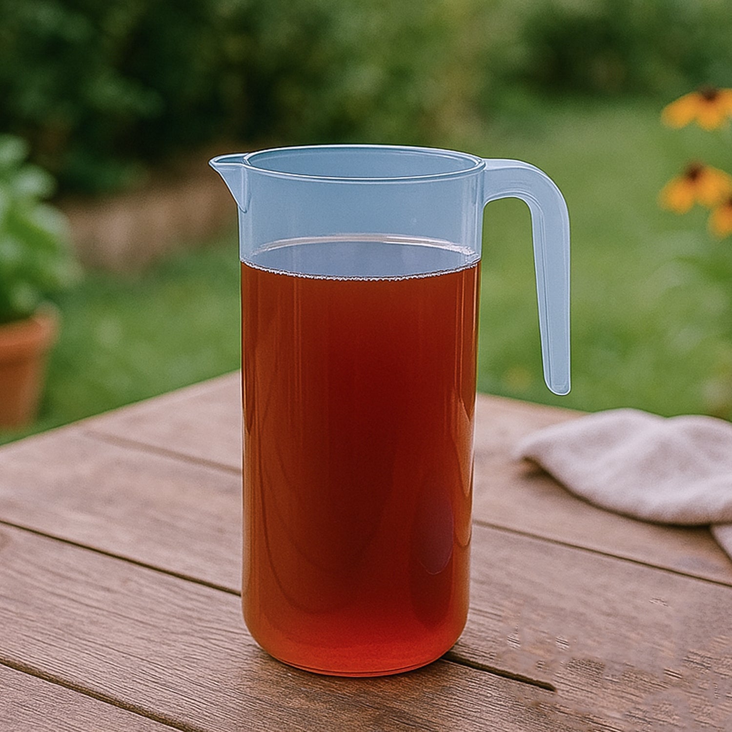 Close-up of the wide mouth crystal-clear unbreakable plastic jug with tight-fitting lid