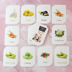 Vegetable flash cards showing real tomato and other vegetable images for kids learning