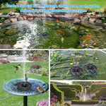 The solar floating water fountain creating a tall, elegant spray in a bird bath.