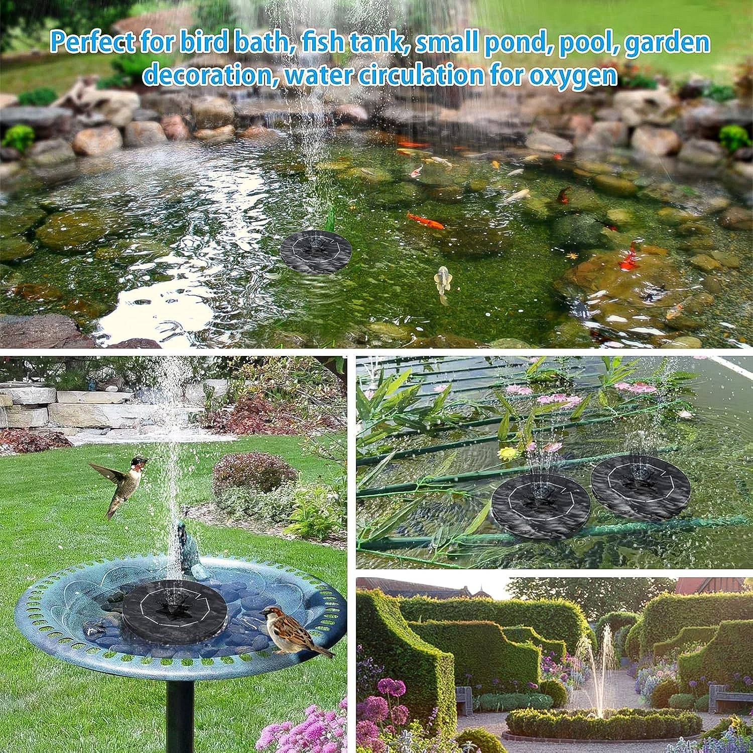 The solar floating water fountain creating a tall, elegant spray in a bird bath.