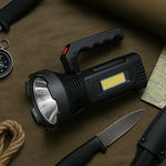 Heavy-duty rechargeable USB torch with focused LED front light and wide COB side illumination