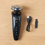 Close-up of rotary shaver trimming beard