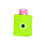 Close-up of the soft fabric cover on the monster design hot water bag.