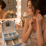 Side view of premium jewelry storage box with multiple layers and drawer in India