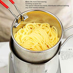 Detailed view of the deep frying pot showcasing its practical detachable wire strainer basket.
