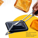 Side view of gas stove sandwich toaster highlighting ergonomic handle and locking feature