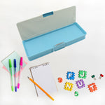 Brightly coloured magnetic pencil box with a calculator, suitable for all students.