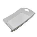 White foldable serving tray with handle, ideal for kitchen and dining, displayed on a clean background.