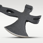 Close-up of the axe head showing integrated nail puller and hammer features.