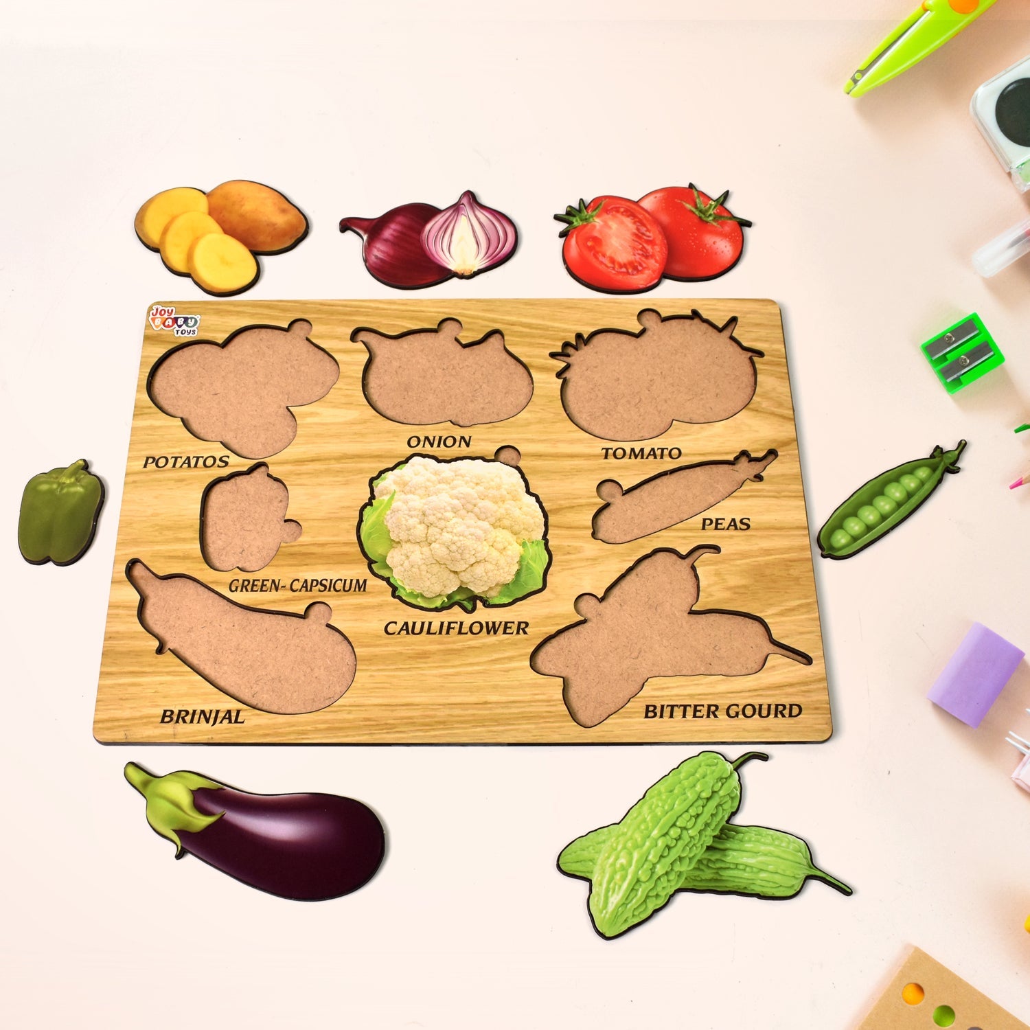 Side profile of the thick, durable wooden pieces of the vegetable learning puzzle.