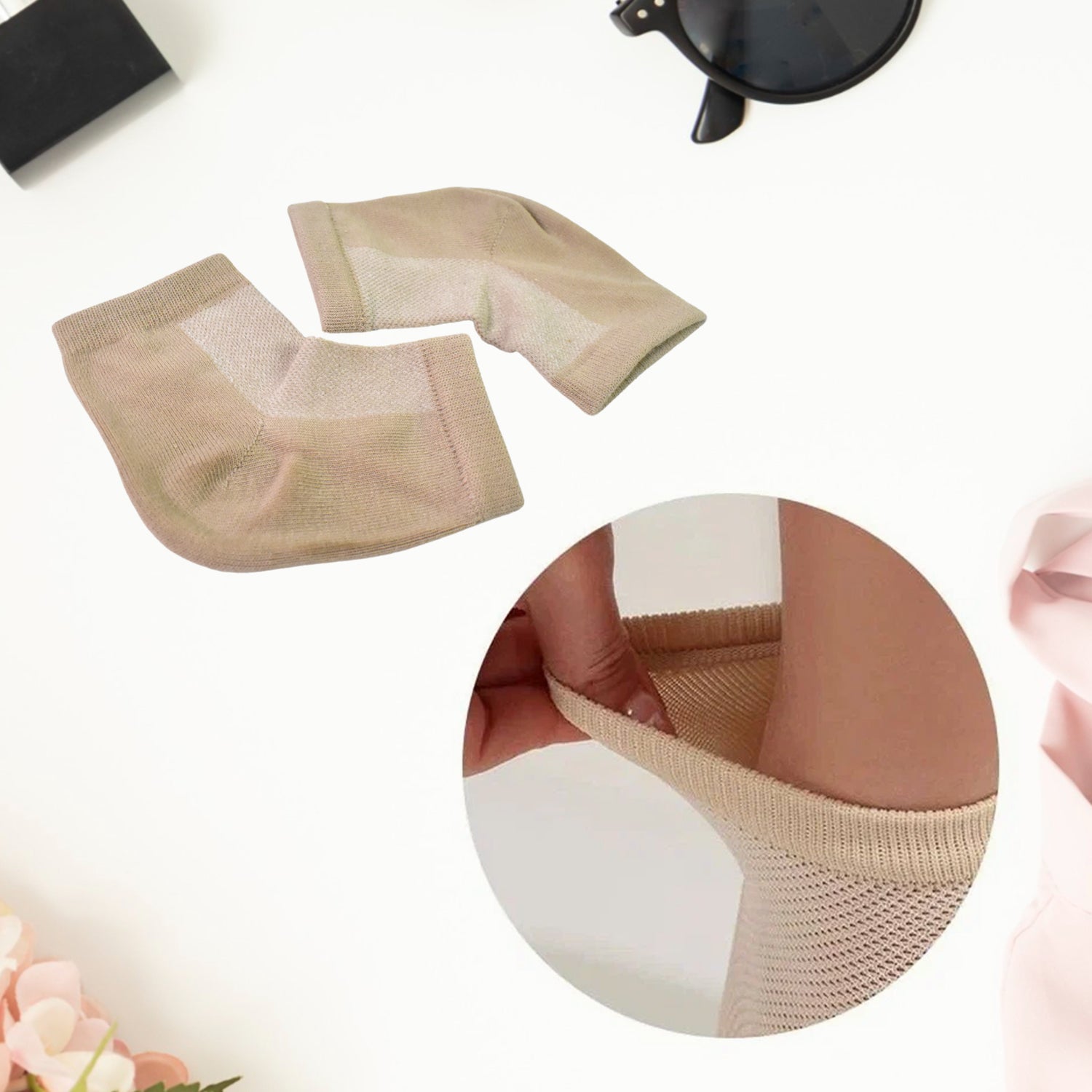 Heel socks displayed, highlighting their soft cotton material.